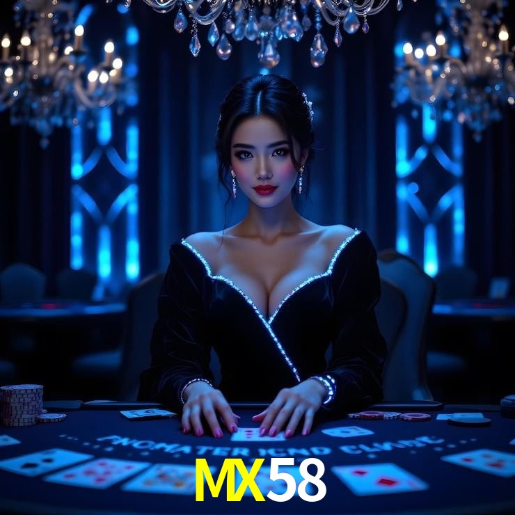 Escena dinámica inspirada en casino con iluminación MX58, cartas, fichas e íconos de juegos digitales en un espacio moderno de juegos.