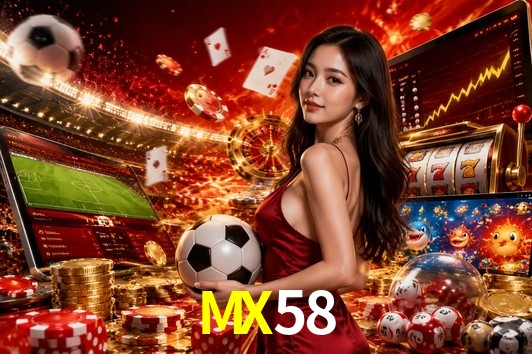 Una escena digital vívida inspirada en casino con MX58 mostrado prominentemente, luces brillantes, fichas, cartas y acentos dorados.